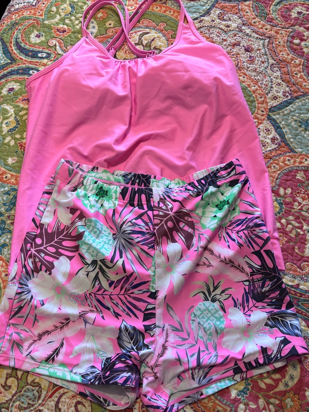 🌸 Amazon Pink Floral Tankini with Tropical Print Swim Shorts 🌸